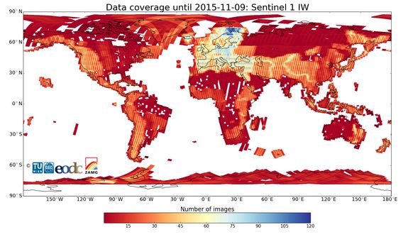 Datenverfügbarkeit: Globale Übersichtskarte der aktuell im EODC Datenzentrum verfügbaren Sentinel-1A Daten. Die Abbildung zeigt die Anzahl der Aufnahmen pro Gebiet. Quelle: EODC.