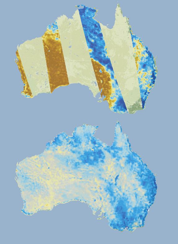 Hochwasser in Australien: Aus den Satellitendaten (oben) wird die Bodenfeuchtigkeit berechnet. Durch Vergleich mit dem langjährigen Durchschnitt kann man ungewöhnliche Effekte entdecken (unten), die auf Hochwassergefahr hinweisen.