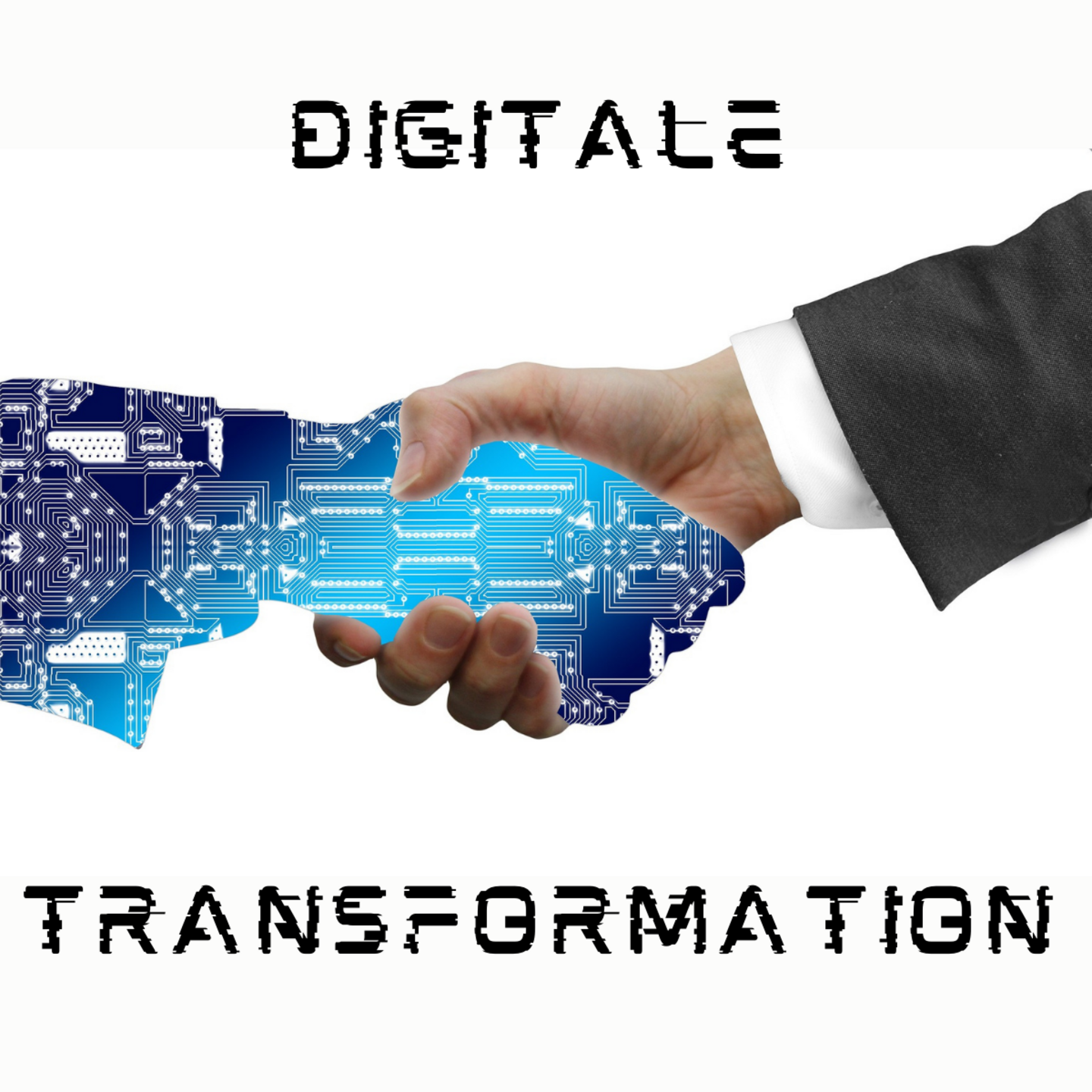 Eine digitale & eine menschliche Hand verbinden sich in einem Handschlag. Darunter und darüber steht jeweils das Wort "Digitale Transformation" in einer dynamischen Schriftart