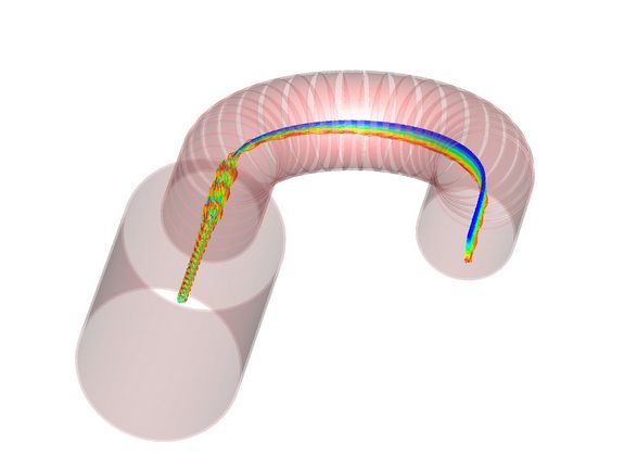 Die Teilchenbahn im neuen Detektor-Typ: Sie kreisen erst um Magnetfeldlinien (links), danach werden sie im Halbkreis geführt und je nach Impuls nach oben oder unten abgelenkt.