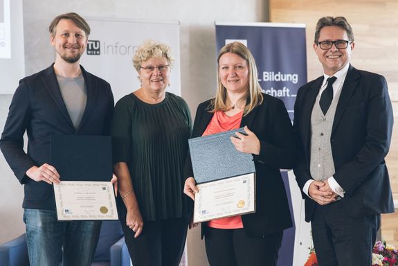 Chair Peter Knees, Rektorin Sabine Seidler, Co-Chair Julia Neidhardt, Wissenschaftsminister Martin Polaschek