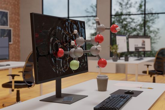 Molekül, das aus einem Computerbildschirm kommt