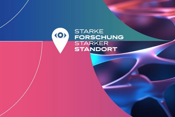 rot-pinker Hintergrund mit Aufschrift "starke Forschung, starker Standort"