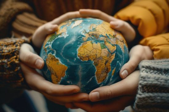 Five hands holding a small globe