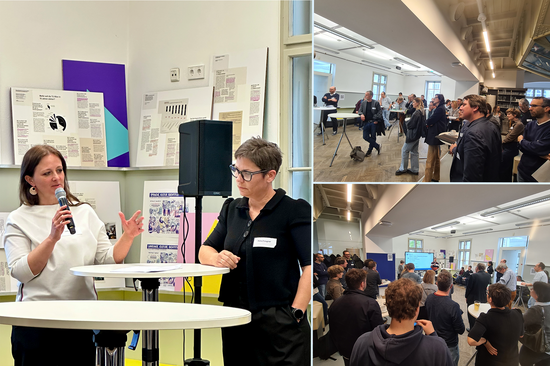 Bildcollage aus drei Bildern von einer Veranstaltung, bei der Teams ihre Ideen präsentierten. Publikum sichtbar und zwei Personen, die präsentieren.