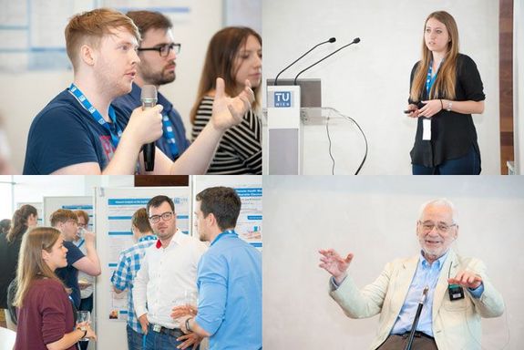 Vier fotos von Symposium. Vortraggebende und Zuschauer