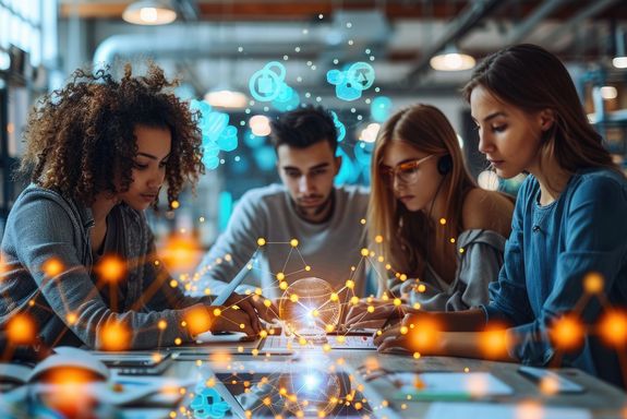 4 Personen sitzen um einen Tisch herum.