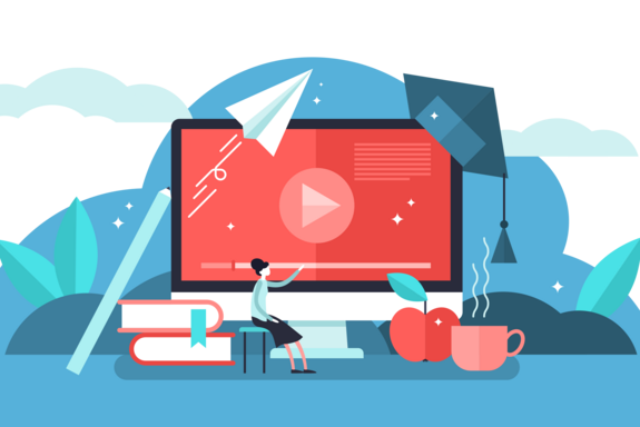 Online courses illustration, transparent background. Flat tiny person learn virtual concept. Modern knowledge development using internet training teaching. Webinar and distance lesson service.