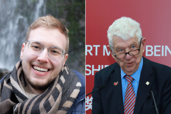 Porträtbilder von Andreas Lietz und Herbert Mang. Lietz vor grauem Hintergrund, Mang vor rotem, mit Mikrofon.