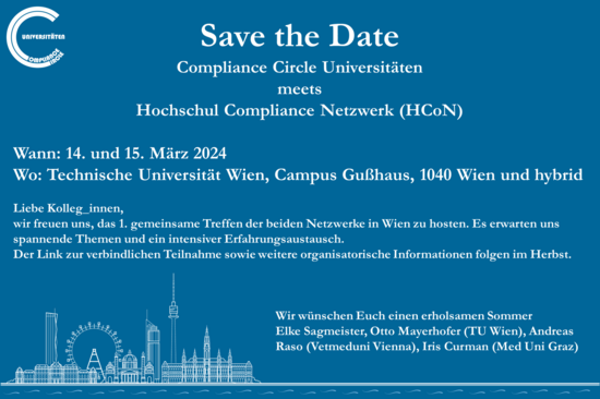 Eine Grafik, die zum Treffen "Compliance Circle Universitäten meets Hochschul Compliance Netzwerk (HCoN)" einläd.