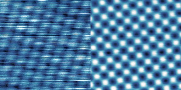 Eine Aufnahme einzelner Atome – links ohne Vibrationsdämpfung, rechts mit Vibrationsdämpfung