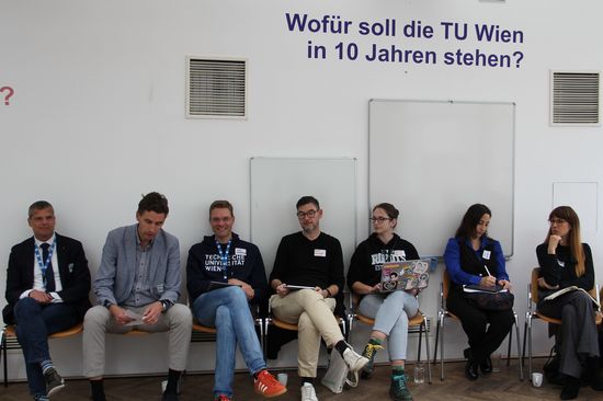 Rector Schneider and the heads of the working groups sit next to each other on one wall