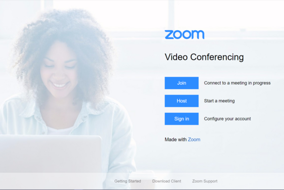 Zoom video conference Screenshot der Zoom-Startseite im Browser