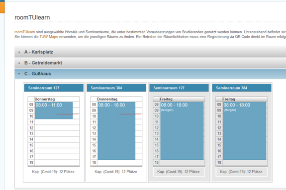 [Translate to English:] Screenshot: TISS roomTUlearn Übersicht