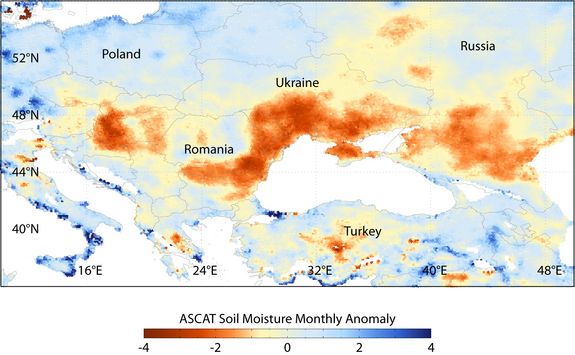 Im Sommer 2007 herrschte in Teilen Osteuropas eine ausgeprägte Dürre, die einen empfindlichen Ernteverlust zur Folge hatte. Das Bild zeigt die von METOP ASCAT aufgezeichneten anomalen Bodenfeuchtigkeitsbedingungen. Im Sommer 2007 herrschte in Teilen Osteuropas eine ausgeprägte Dürre, die einen empfindlichen Ernteverlust zur Folge hatte. Das Bild zeigt die von METOP ASCAT aufgezeichneten anomalen Bodenfeuchtigkeitsbedingungen.