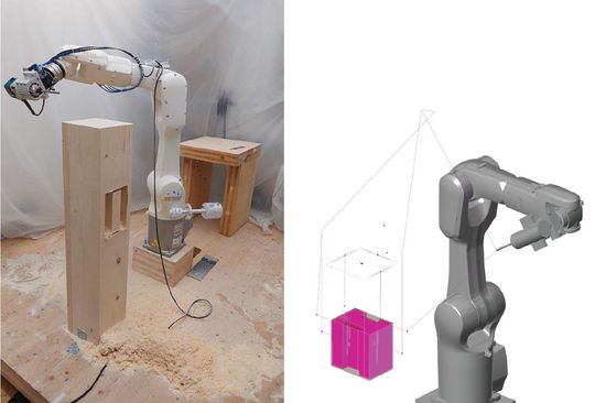 Ein Fräsroboter bei der Arbeit und eine Computervisualisierung