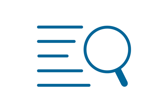 Unser Icon für Fördergeberrichtlinien: fünft waagerechte Linien, daneben eine Lupe.