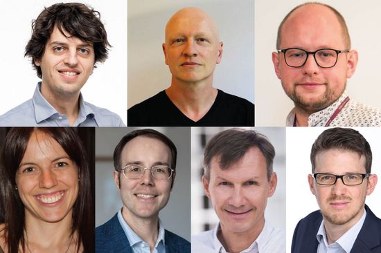 Collage Porträts: obere Reihe: Julian Leonhard, Uwe Drofenik und Pawel Wozniak  (von links) untere Reihe: Raquel de Oro Calderon, Emanuel Sallinger, Gottfried Mandlburger und Daniel Müller-Gritschneder (von links)