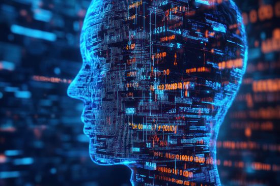 Digitaler Umriss eines menschlichen Kopfes, gerendert mit fließendem Code, wodurch ein Profil in Blau- und Orangetönen entsteht.