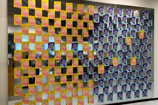 Cards with the two guiding questions from fuTUre fit are hanging on a wall. A mirror foil is stuck behind the cards.