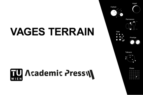 schwarz-weißer Screen, Vages Terrain und TU Wien Academic Press in schwarzer Schrift