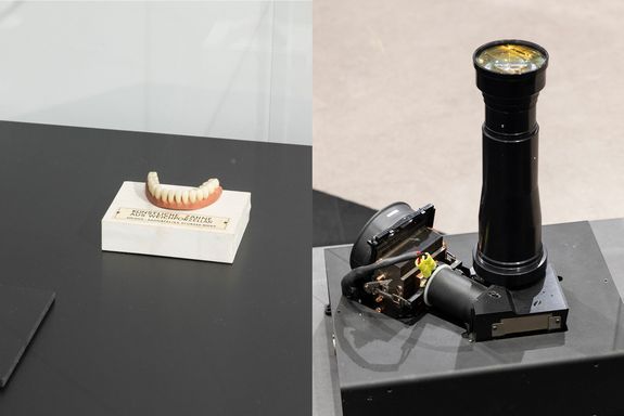 Collage mit falschem Gebiss und Gerät.