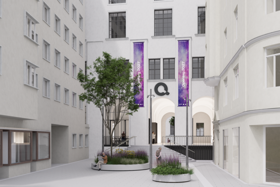 Rendering eines Gebäudes mit einem großen Q über dem Eingang, vor dem Gebäude Baumen und Fahnen.
