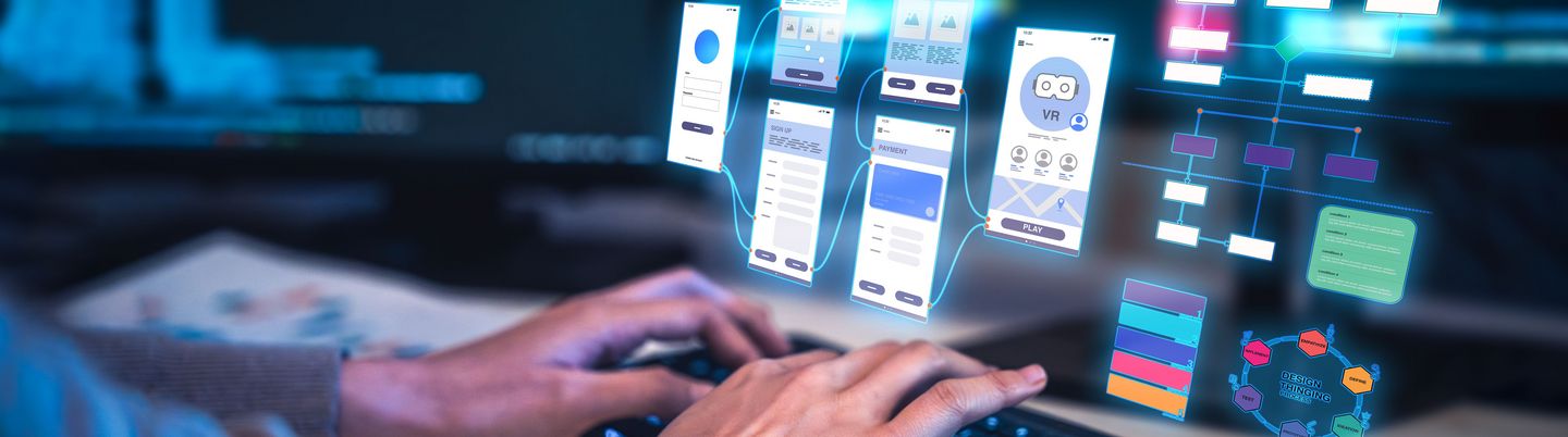 Programmierer, der künstliche Intelligenz in Verbindung mit Prompt-Tools einsetzt, um als Entwickler die Programmierarbeit zu optimieren und Software-Engineering für die Automatisierung von UX und UI sowie für Benutzeroberflächen zu entwickeln