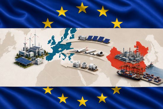Eine Weltkarte, EU und China sind hervorgehoben, Pfeile mit Waren führen von China nach Europa