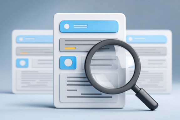 Iconografische Website mit Navigation. Davor eine Lupe, die die Navigation vergrößert