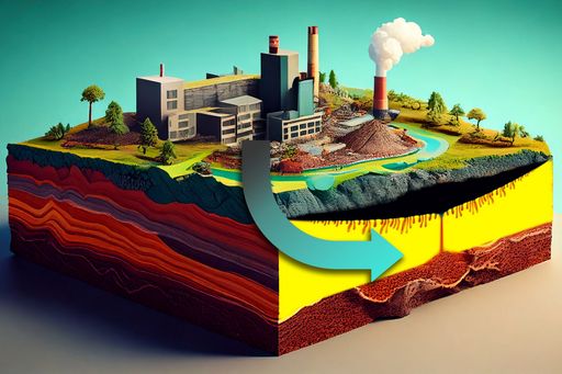 Schnitt durch die Erde, an der Oberfläche Fabriken, im Boden ein CO2-Researvoir