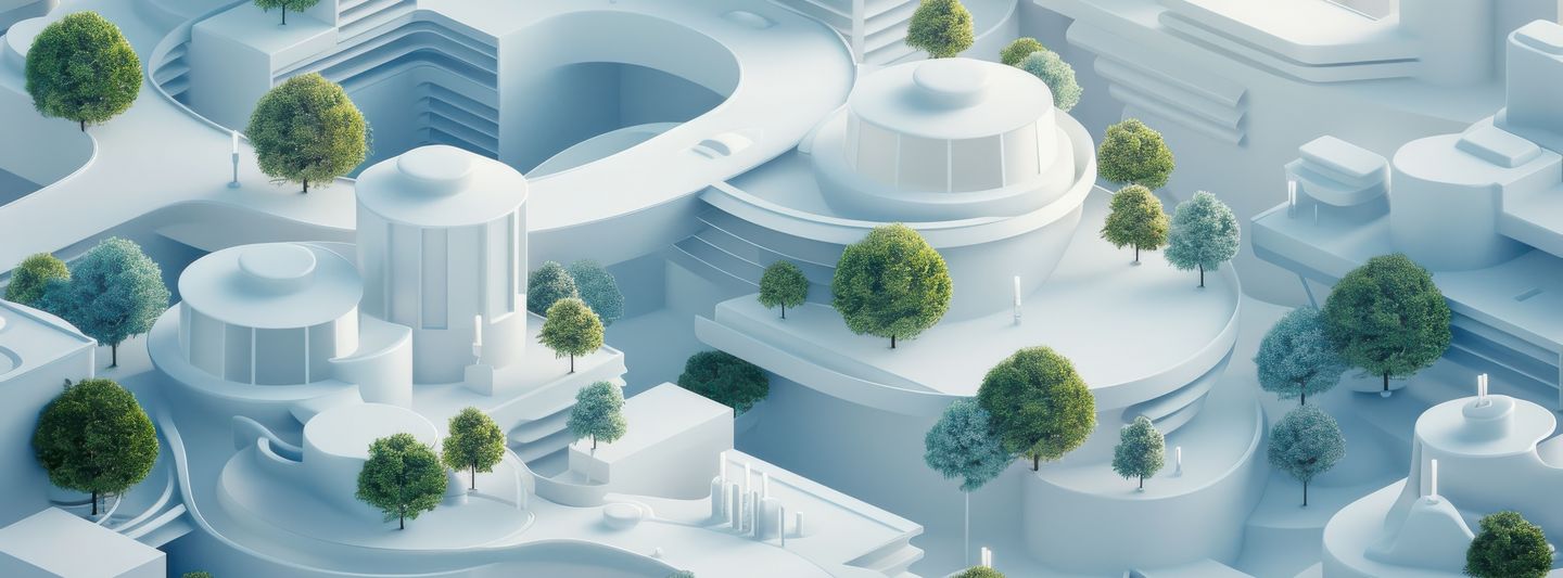 Luftaufnahme einer futuristischen Stadtlandschaft mit abstrakten Gebäuden, Grünflächen und glatten Wegen, die eine ruhige und innovative Umgebung schaffen