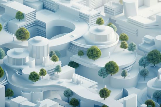 Luftaufnahme einer futuristischen Stadtlandschaft mit abstrakten Gebäuden, Grünflächen und glatten Wegen, die eine ruhige und innovative Umgebung schaffen
