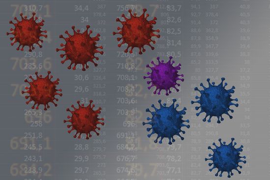 Coronaviren in rot und blau