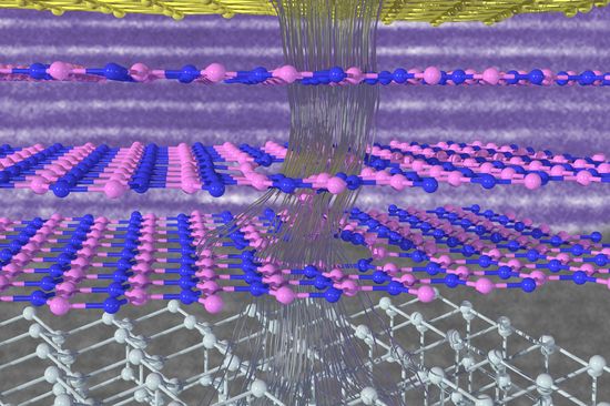 Electrons escaping through three layers of hBN.