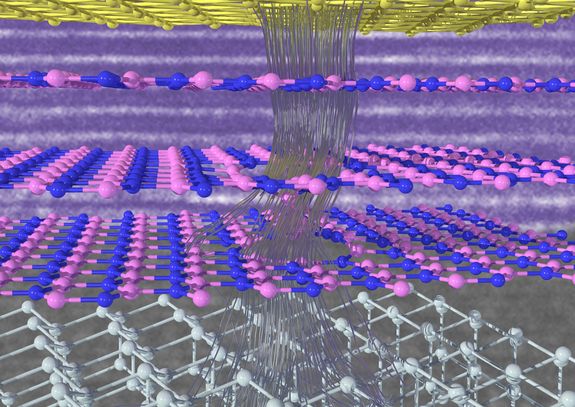 Electrons escaping through three layers of hBN.