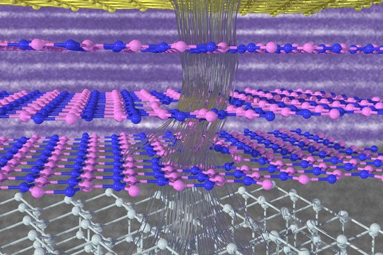 Electrons escaping through three layers of hBN.