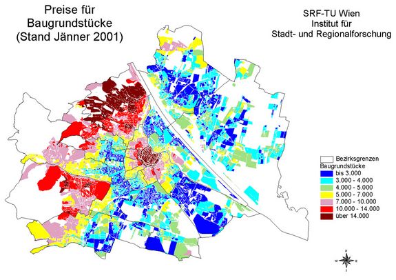 Karte der Grundstückspreise in Wien (Vergrößerung)