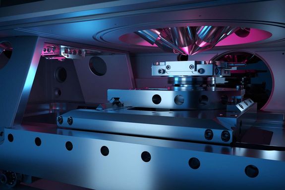 Magenta und blau beleuchtetes metallisches Messgerät