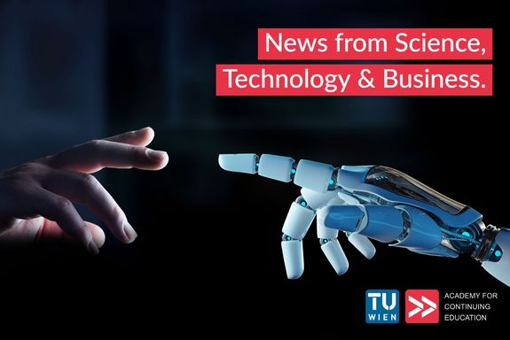 zwei Hände: links Menschenhand, rechts Roboterhand, strecken Finger nacheinander aus