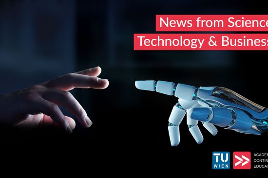 zwei Hände: links Menschenhand, rechts Roboterhand, strecken Finger nacheinander aus