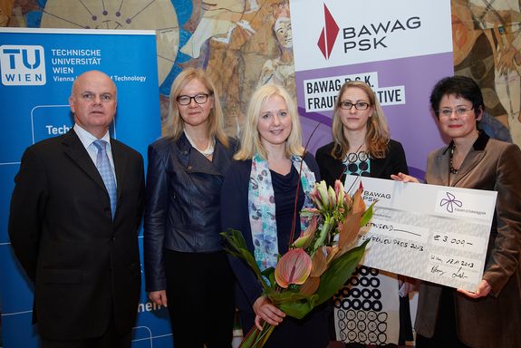 von links nach rechts: Byron Haynes (CEO BAWAG P.S.K.), Vizerektorin Anna Steiger (TU Wien), Preisträgerin lldiko Merta, Tamara Kapeller (BL BAWAG P.S.K.) und Ingrid Streibel-Zarfl (ZBRV BAWAG P.S.K.)