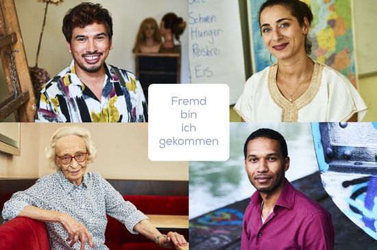Ausstellungssujet mit 4 Portraits diverser Menschen, die nach 1040 Wien kamen und blieben.
