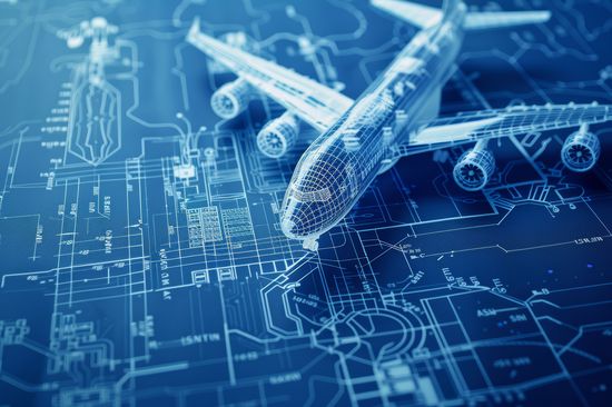 Detaillierte technische Zeichnung, die eine Reihe von Luftfahrtkomponenten zeigt und den Schwerpunkt auf fortschrittliche Luft- und Raumfahrttechnik legt, Nahaufnahme