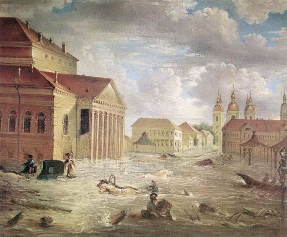 Bunte Zeichnung vom Hochwasser der Neva im Jahr 1824