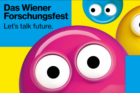 Banner Wiener Forschungsfest mit bunten runden Kreisen mit Augen