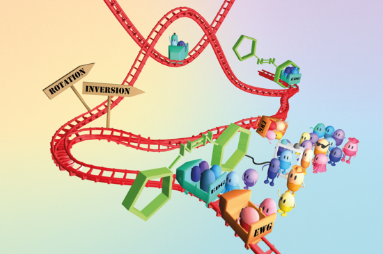 Zeichnung von roten Achterbahngleisen auf denen Wagons mit Molekülen fahren.
