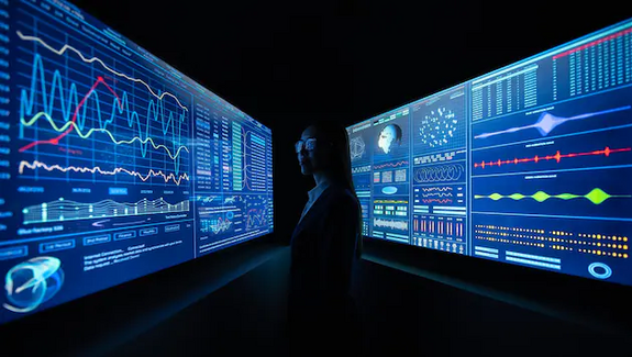 Eine Frau steht zwischen zwei blauen Monitoren