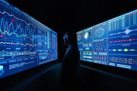 Eine Frau steht zwischen zwei blauen Monitoren