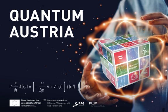 Schriftzug "Quantum Austria", daneben zwei Hände mit Rubiks-Würfel